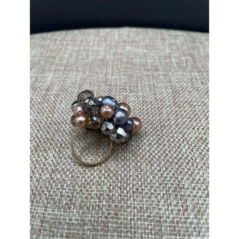 Vintage Beaded Wire Wrapped Pearl Mixed Beaded Cluster Ring Adjustable Sz 7.5
